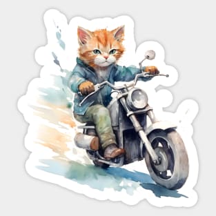 Ginger Cat, Motorcycle, Watercolor Sticker